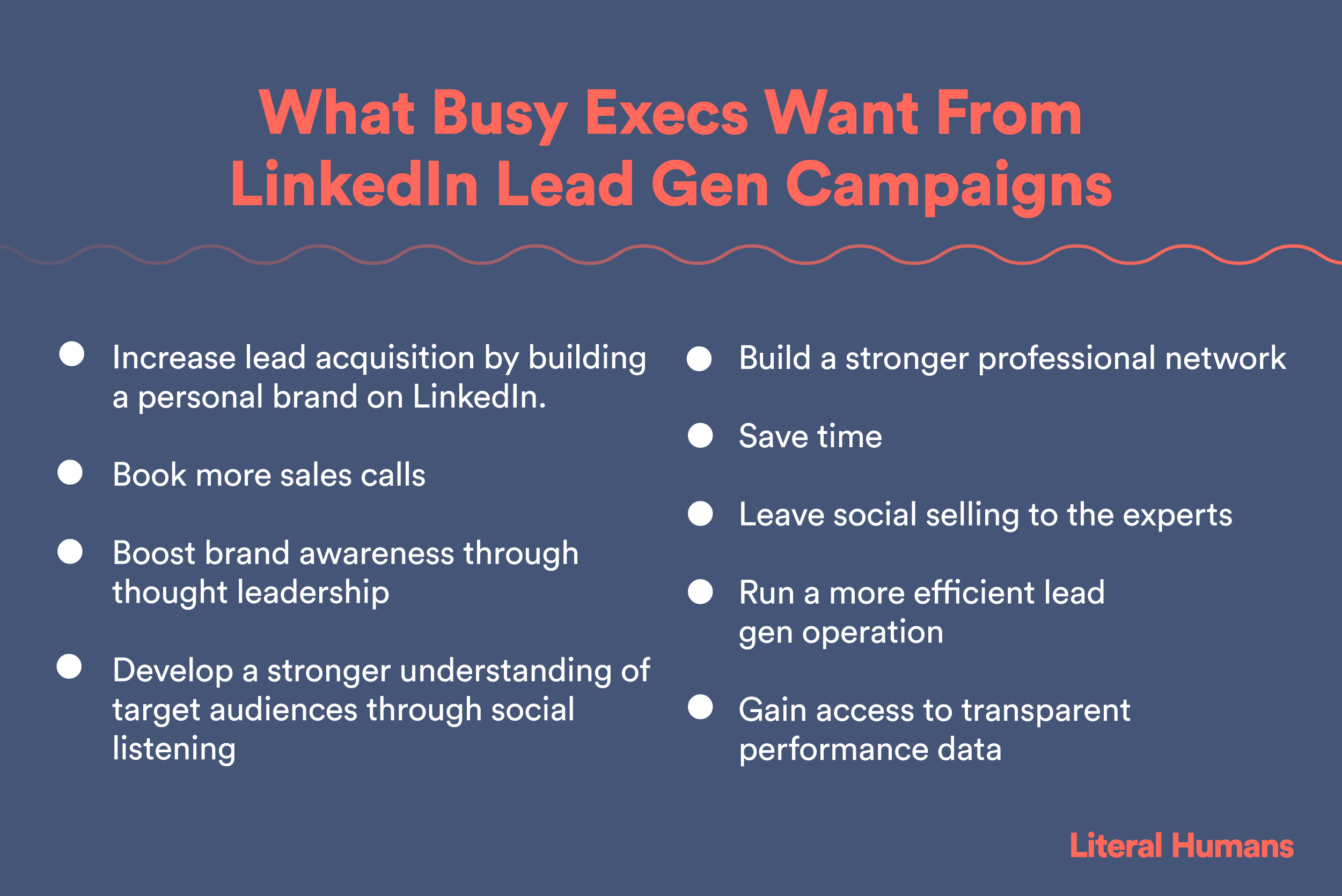 A list of bullet points showcasing what busy execs are looking for from a LinkedIn lead generation campaign